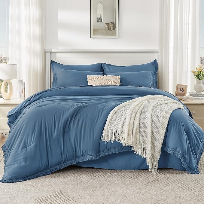 Andency Queen Comforter Set with Sheets Sea Blue - 7 Pieces Boho Tassel Bed in a Bag Soft Lightweight Bedding Sets, Fringe Bed Set with Comforter, Sheets, Pillowcases & Shams