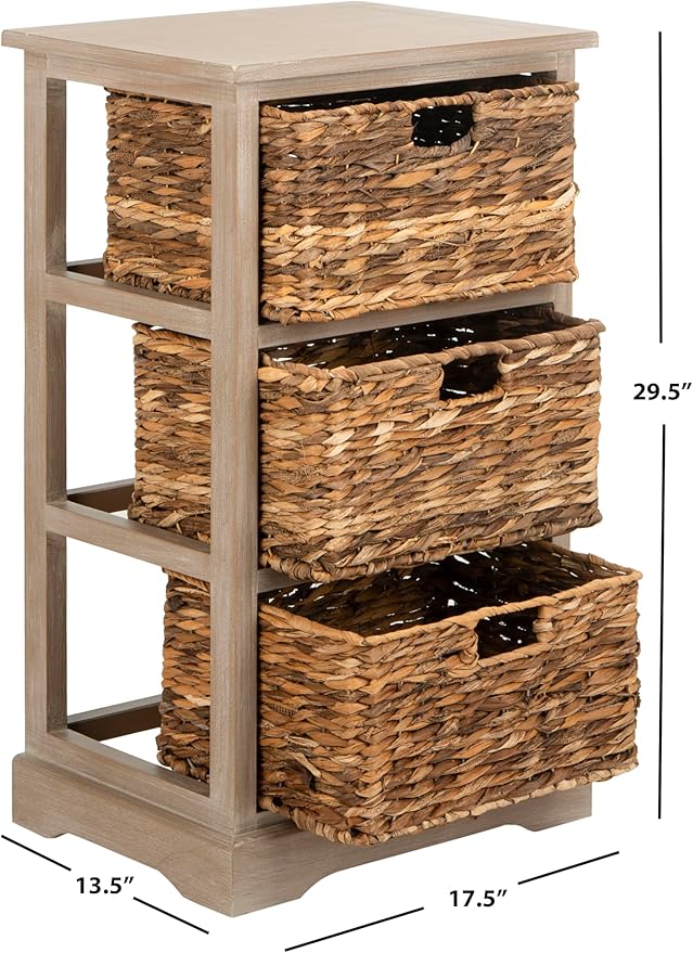 SAFAVIEH Home Collection – Halle White Washed Storage Side Table with Wicker Baskets, Farmhouse Accent Storage, Fully Assembled (AMH5738E)