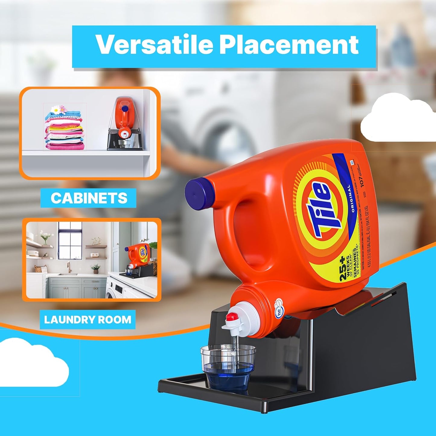 TidyFriend No-Spill Liquid Laundry Detergent Dispenser Holder, Laundry Soap Dispenser Holder with Drip Tray for Laundry Room Organization (No Strap, Black)