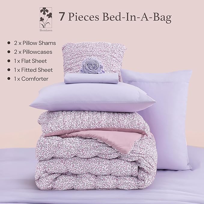 Full Size Comforter Sets - 7 Pieces Puff Light Purple Floral Bedding Set for All Seasons, Shabby Chic Farmhouse Bed in a Bag Full with Floral Comforter, Sheets, Pillowcases & Shams