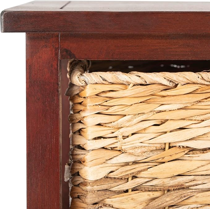 SAFAVIEH Home Collection – Halle Cherry Storage Side Table with Wicker Baskets, Farmhouse Accent Storage, Fully Assembled (AMH5738C)