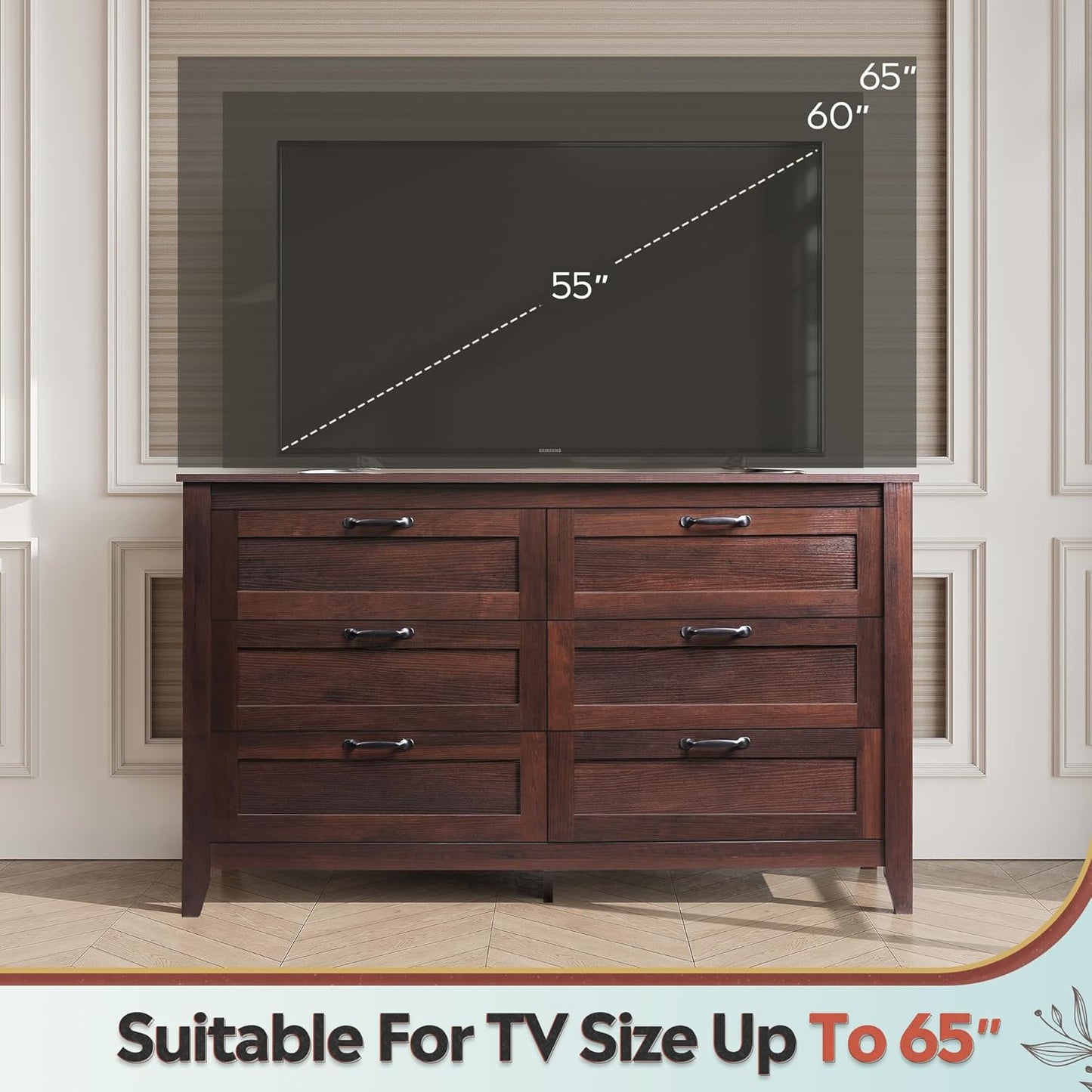 WLIVE Wood Dresser for Bedroom, Double 6 Drawer Dresser with Metal Handle, Large Wooden Chest of Drawers for Living Room, Hallway, Closet, Rustic Brown