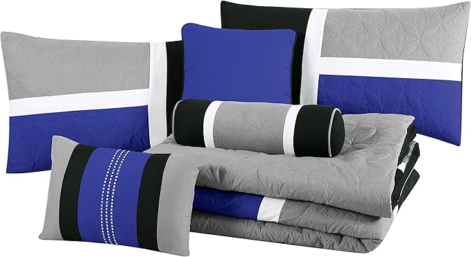 Chezmoi Collection Upland 7-Piece Quilted Patchwork Comforter Set, Blue/Black/Gray, Queen