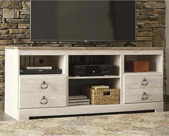 Signature Design by Ashley Willowton Farmhouse 3-Piece Entertainment Center for TVs up to 73" with LED Lighting, Whitewash