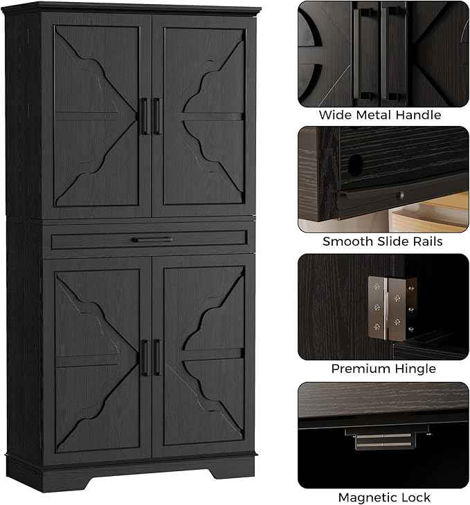 IRONCK Farmhouse Kitchen Pantry Cabinet, 72" Height Tall Freestanding Cupboard with Sliding Storage Rack and 6 Hanging Shelves for Kitchen, Dining Room, Black