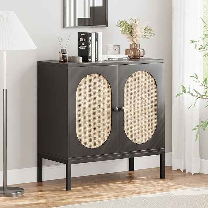 IDEALHOUSE Rattan Buffet Cabinet with Doors and Shelves, Black Console Cabinet for Living Room, Dining Room, Hallway