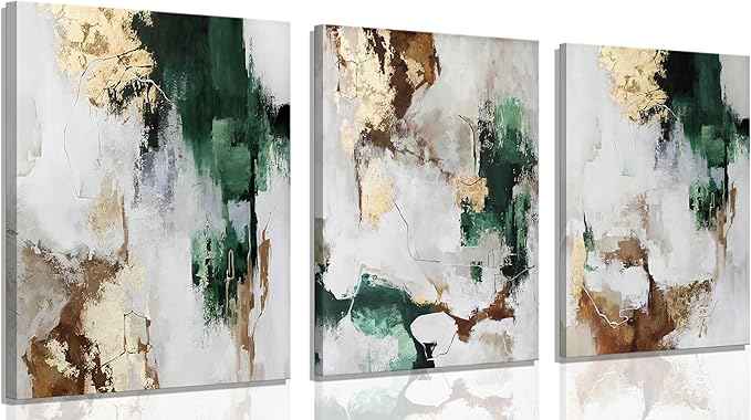 3Pcs Framed Green and Gold Canvas Wall Art Abstract Posters Print Brown Abstract And Gray Line Pictures Decor for Living Room Bedroom Bathroom Home Decoration