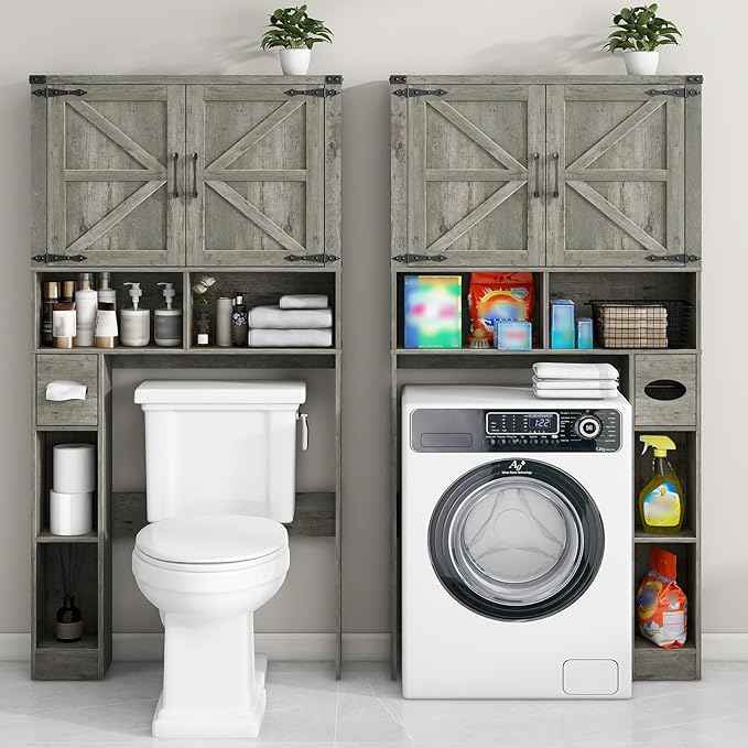Vabches Over The Toilet Storage Cabinet, Farmhouse Storage Cabinet Over Toilet with 2 Barn Doors & Toilet Paper Holder Stand,Home Space-Saving Toilet Rack, for Laundry, Bathroom, Restroom.Grey Oak