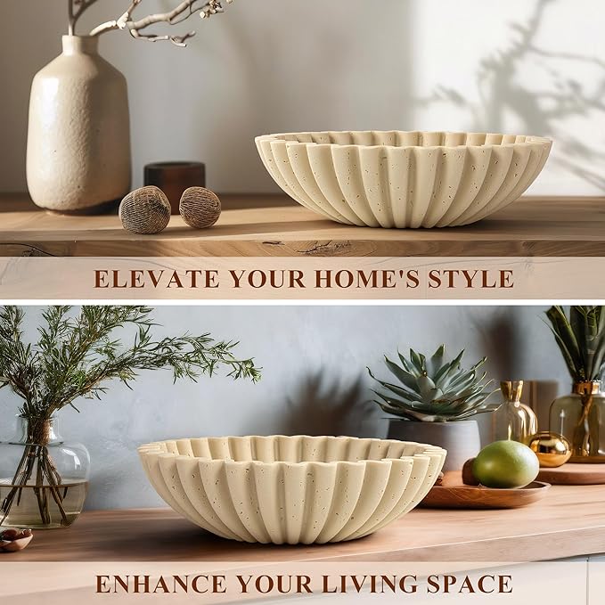 Large Decorative Bowl, Modern Handicraft Bowls for Home Decor, Decorative Fruit Bowl for Kitchen Counter, Ruffle Decor, Stylish Key Bowl for Entry Table, Artificial Travertine Beige
