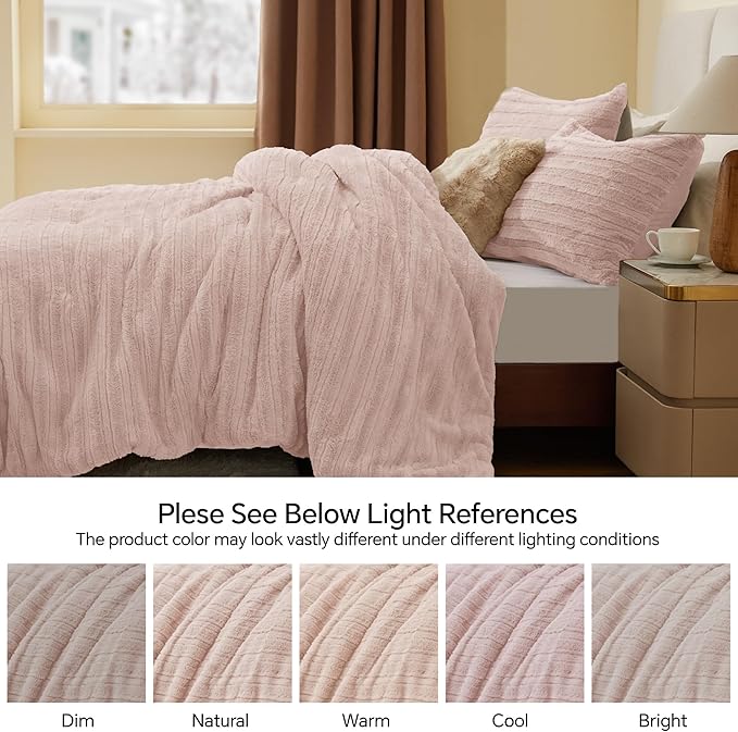 BEDELITE Fleece King Comforter Set -Super Soft & Warm Fluffy Pink Faux Fur Bedding, Luxury Fuzzy Heavy Bed Set for Winter with 2 Pillow Cases