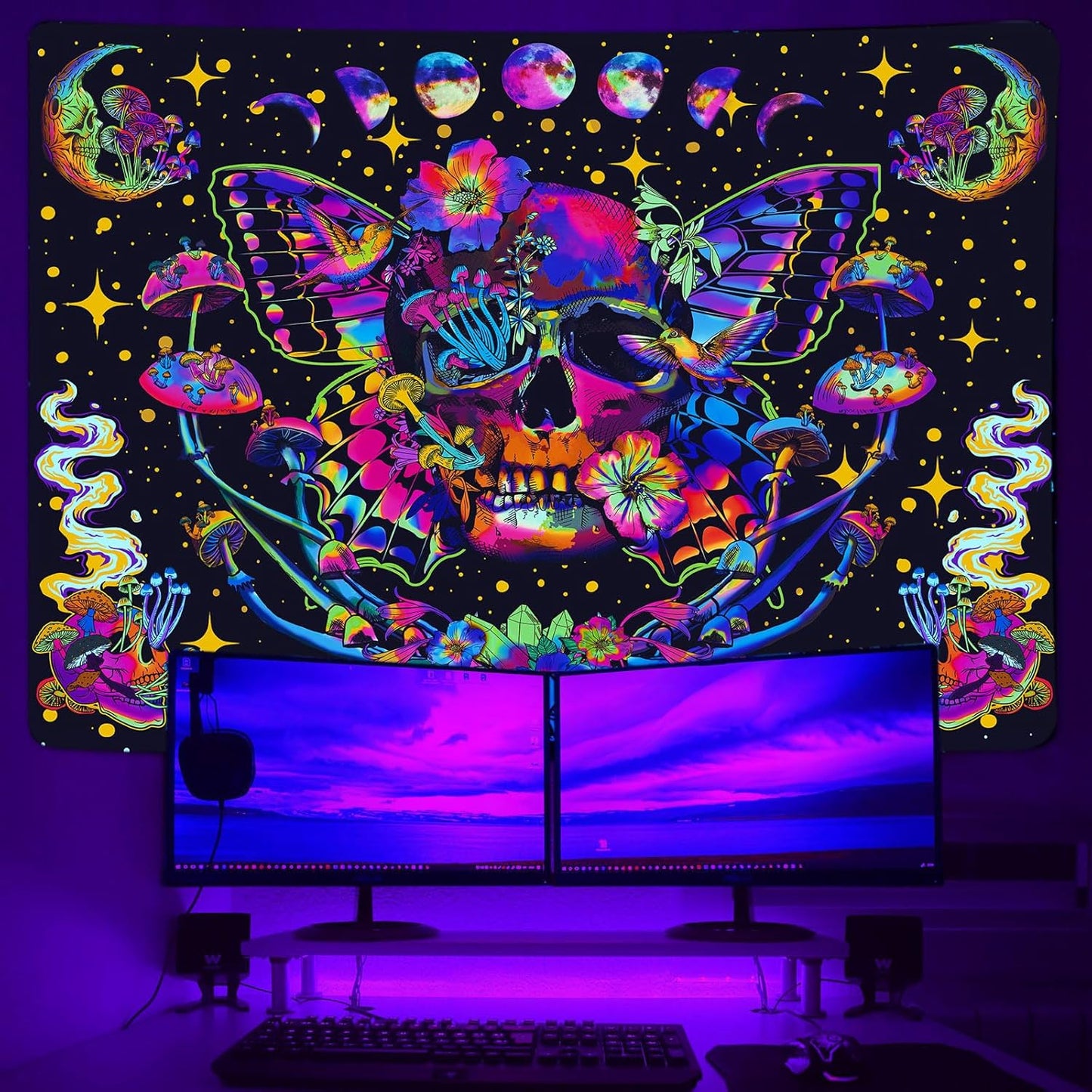 Xiaoput Blacklight Skull Tapestry, UV Reactive Mushroom Butterfly, Aesthetic Moth Moon Flowers, Hippie Skeleton Wall Hanging for Bedroom, Living Room, Home, Dorm 40x30IN