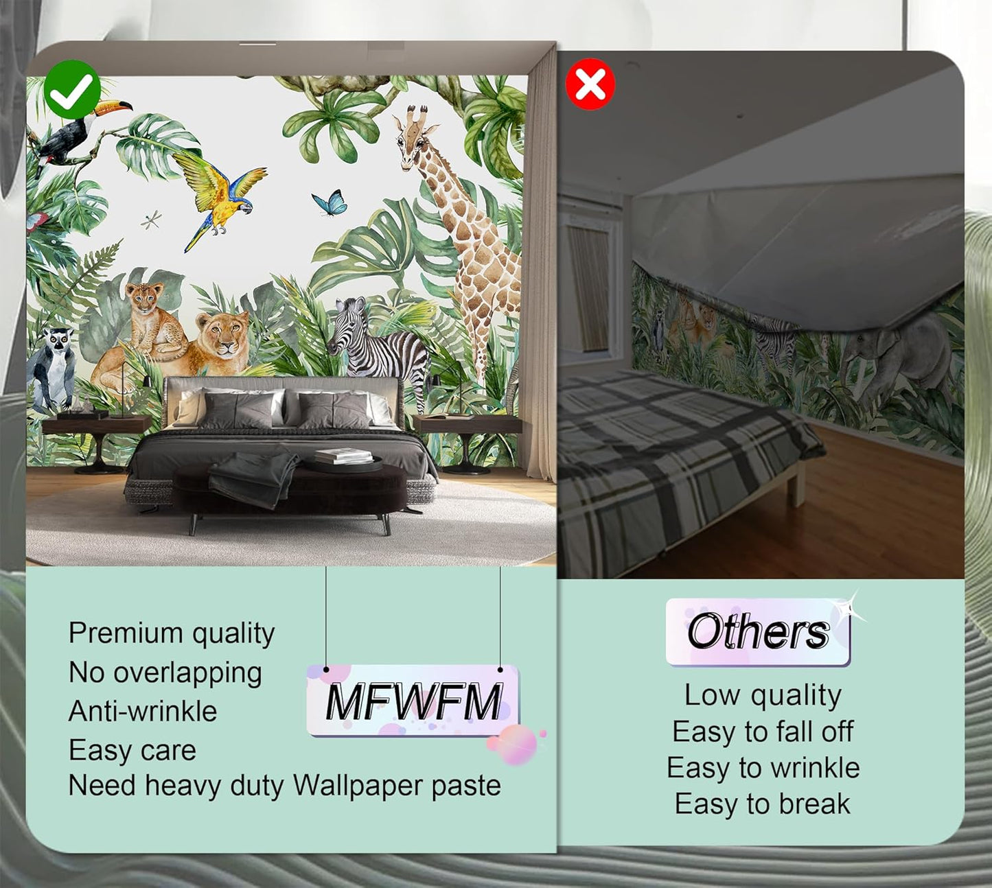 Safari Wallpaper for Children with Animals Jungle Wall Mural Watercolor Animals Nursery Wallpaper Kids Room Decor(Not Peel n' Stick)