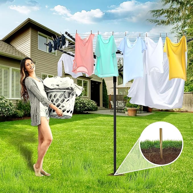 Umbrella Clothesline Outdoor,165 Feet Heavy Duty Outdoor Clothesline for Backyard 12 Lines 4 Arms, Adjustable Height Foldable Retracting Collapsible Clothes Drying Rack for Backyard