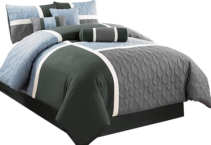Chezmoi Collection Upland 7-Piece Quilted Patchwork Comforter Set, Gray/Light Blue/Charcoal, King