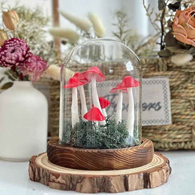 Mushroom Lamp, Decor LED Light in Glass Dome with Base for Home Bedroom Decor Birthday with Birthday Valentines Anniversaries Gifts Box (red)