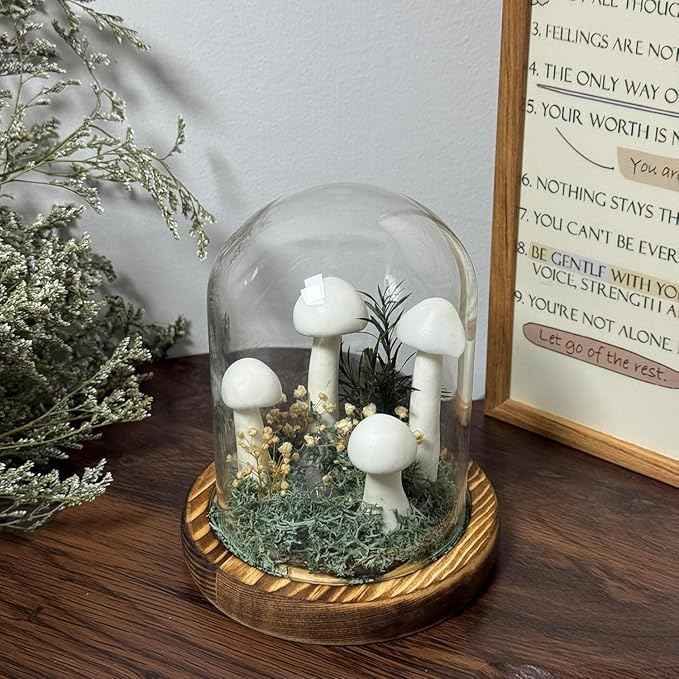 White Mushroom Lamp, Decor LED Light in Glass Dome with Base for Home Bedroom Decor, Birthday Valentines Anniversaries Gifts Box(White)