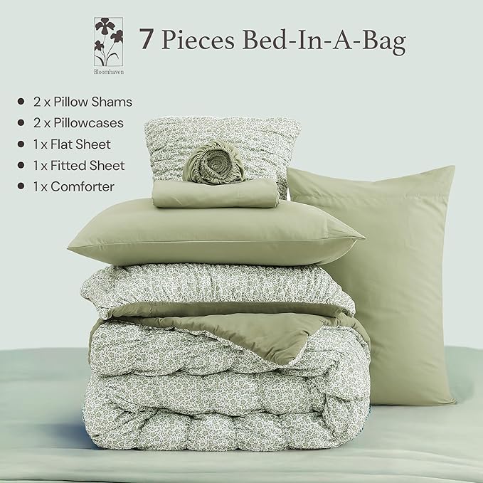 Full Size Comforter Sets-7 Pieces Puff Sage Green Floral Bedding Set for All Seasons, Shabby Chic Farmhouse Bed in a Bag Full with Floral Comforter, Sheets, Pillowcases & Shams