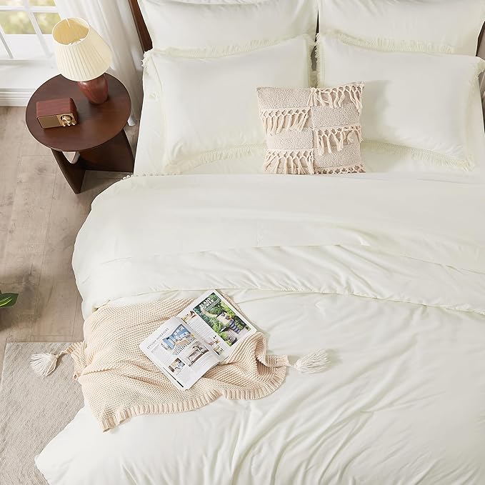 Andency Ivory Full Size Comforter Set with Sheets - 7 Pieces Boho Tassel Bed in a Bag Soft Lightweight Bedding Sets, Ivory Fringe Bed Set with Comforter, Sheets, Pillowcases & Shams