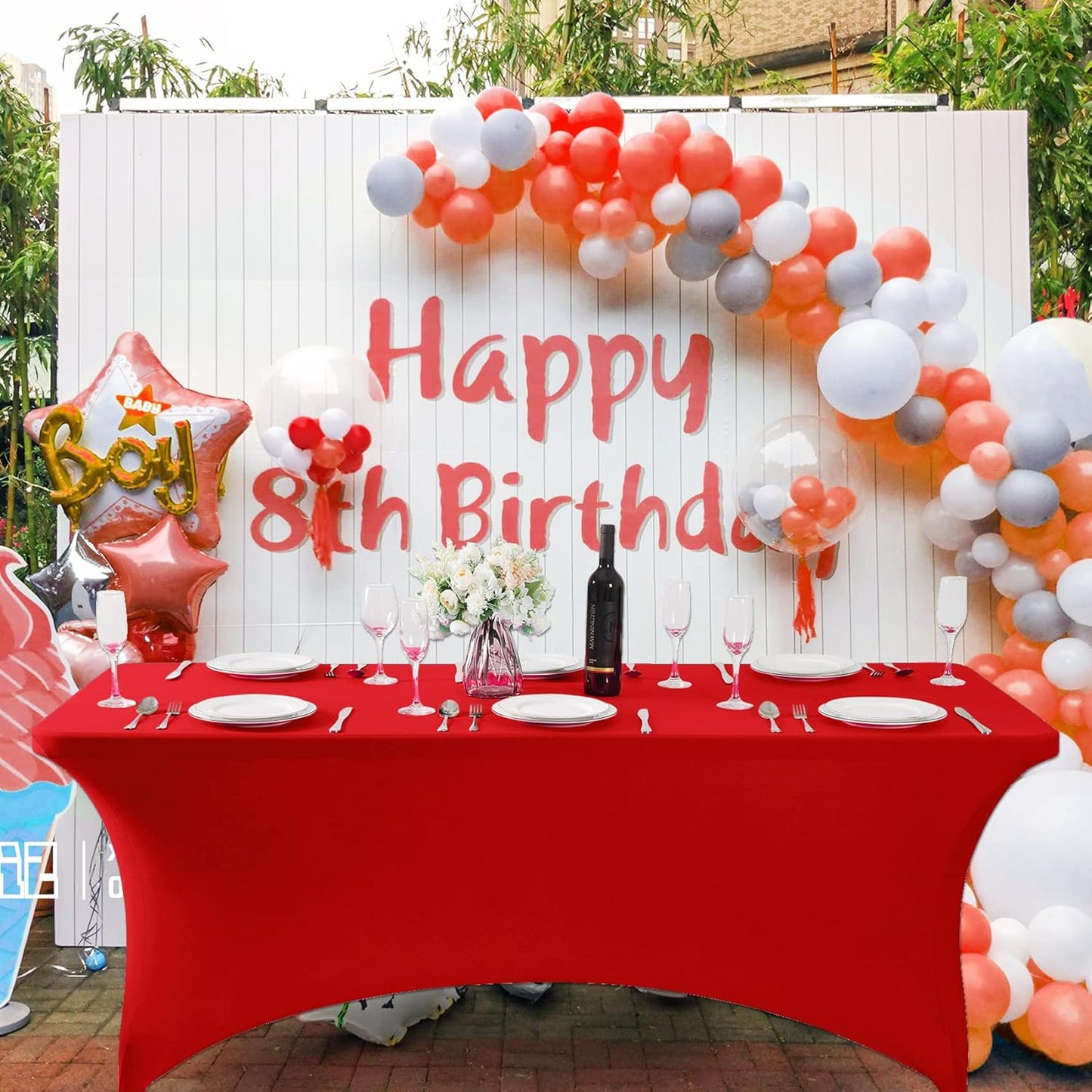 SuperO Waterproof Spandex Table Cover for 8FT Table Universal Fitted Stretch Tablecloth for Party, Banquet, Wedding and Events-Red