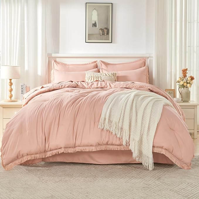 Andency California King Size Comforter Set with Sheets Pink - 7 Pieces Cal King Bed in a Bag Boho Bedding Sets, Pink Bed Set with Comforter, Sheets, Pillowcases & Shams