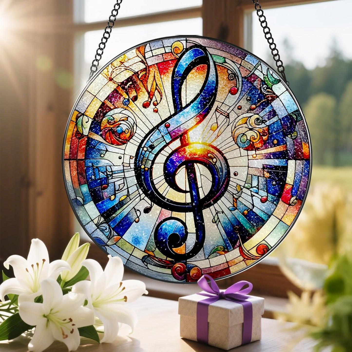 Stained Glass Window Hanging, LAOWEIKI 8'' Musical Note Suncatcher, Stained Glass Ornament, Suncatchers for Windows Hanging, Window Decor, Outdoor or Indoor, Gifts for Friends, Music Lover