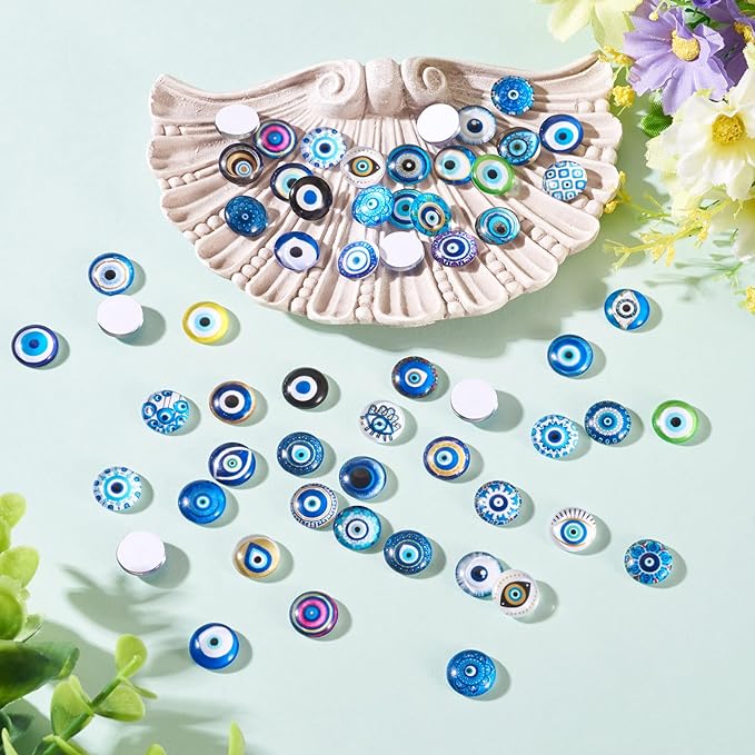 Craftora 100Pcs Evil Eye Glass Cabochons for Jewelry Making, 12x4mm Blue Eyes Half Round Cameo Dome Tiles Flatback Dome Cabochons for DIY Bracelets Necklace Scrapbooking DIY Crafts