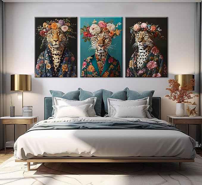 Bathroom Leopard In a Bathrobe Wall Art Maximalist Eclectic Cheetah Posters Pictures Animals And Flowers Canvas Prints Funky Animals Painting Wall Decor y2k Aesthetic Room Decoration Framed
