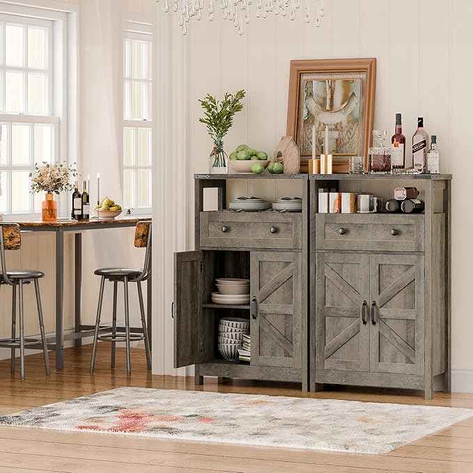Vabches Small Cabinet with Drawer - Side Storage Organizer, Farmhouse Rustic Style, Grey for Bathroom, Kitchen, Living Room