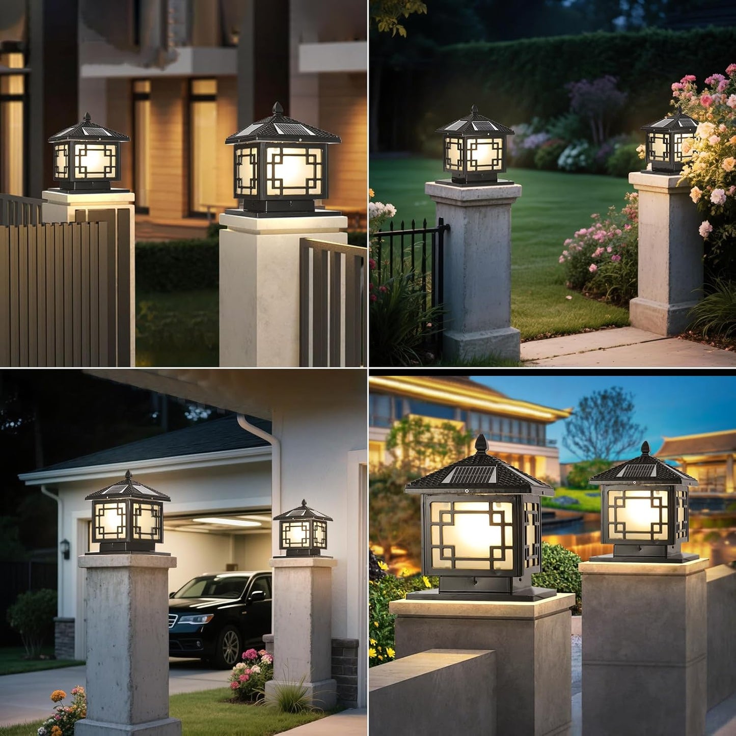 SLAWA 9.8In Solar Lighting Lantern Outdoor Post Caps Light with Solar Powered LED Column Lamp Black Square Waterproof Pillar Lamp Outside Housing Landscape Lighting Fence Deck Mailbox Pedestal Lantern