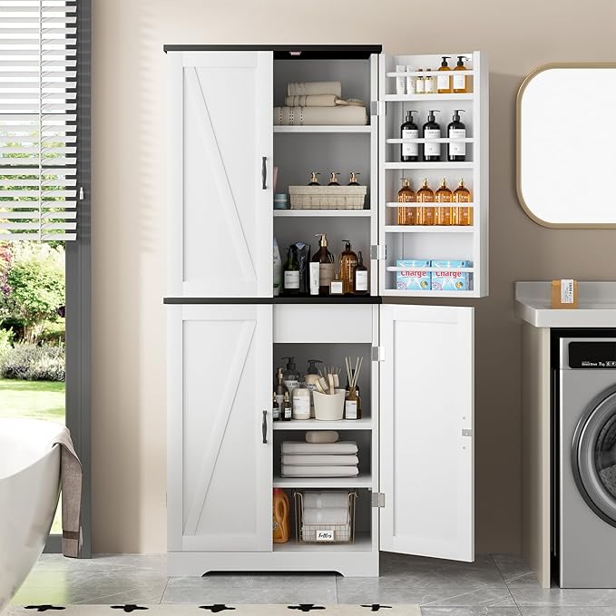 Shintenchi Kitchen Pantry Cabinet, Freestanding Farmhouse Storage Cabinet with 8 Door Shelves, 2 Cabinets and 1 Drawer, Tall Cupboard for Kitchen, Living Room, Dining Room and Bathroom, White