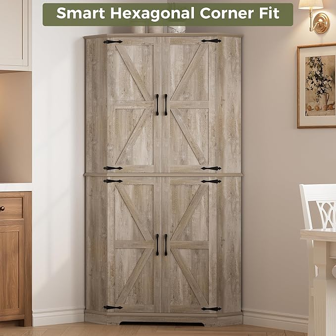 IRONCK Corner Cabinet, 72" Kitchen Pantry Cabinet, 6-Tier Farmhouse Pantry with 2 Adjustable Shelves, 240° Swivel Doors, 2 Doors Storage, Spacious Hutch for Kitchen, Living Room, Rustic Maple
