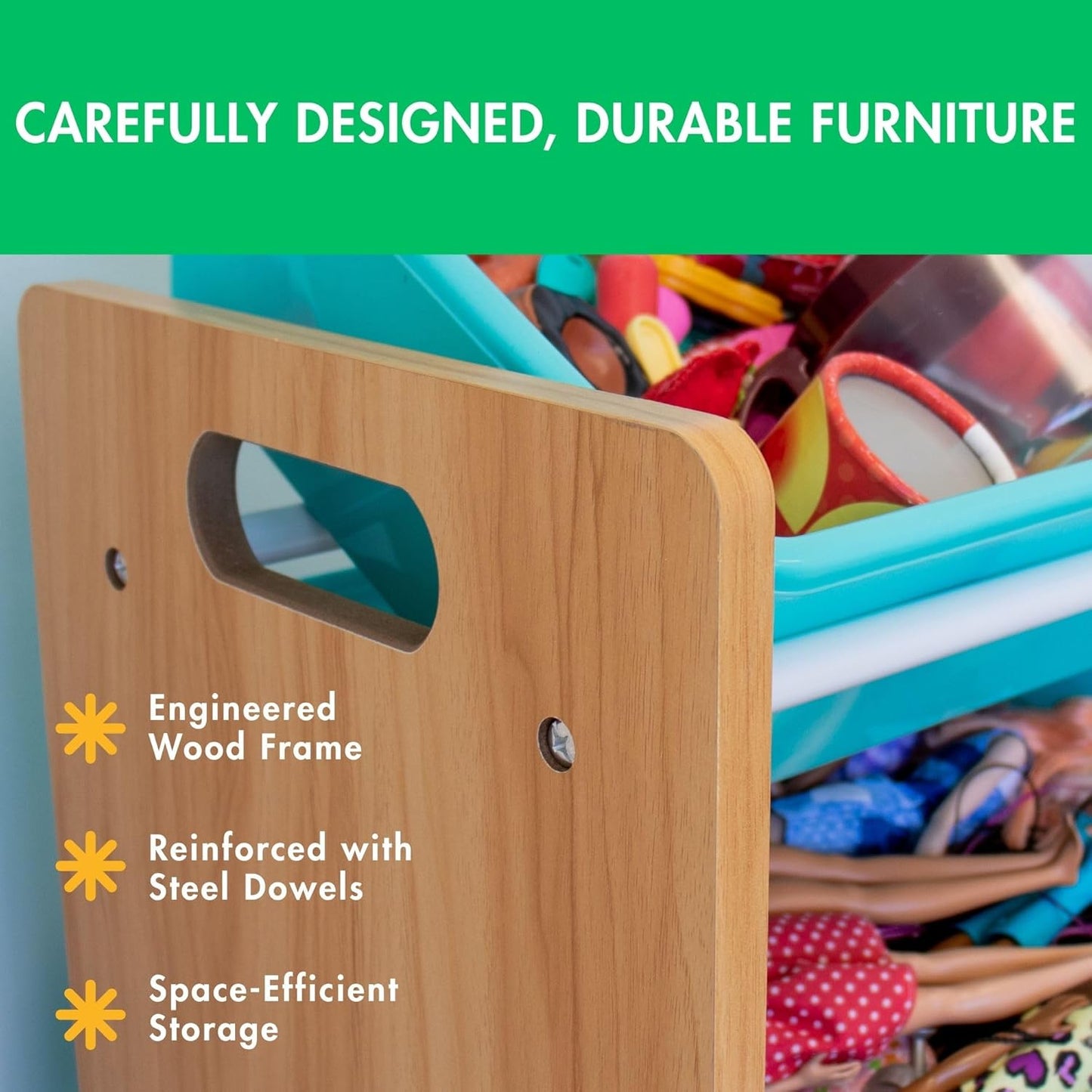 Humble Crew Kids Toy Storage Organizer with 12 Plastic Bins, Natural Wood/Aqua – Removable Bins for Playroom, Bedroom, Toddler Furniture for Boys and Girls Ages