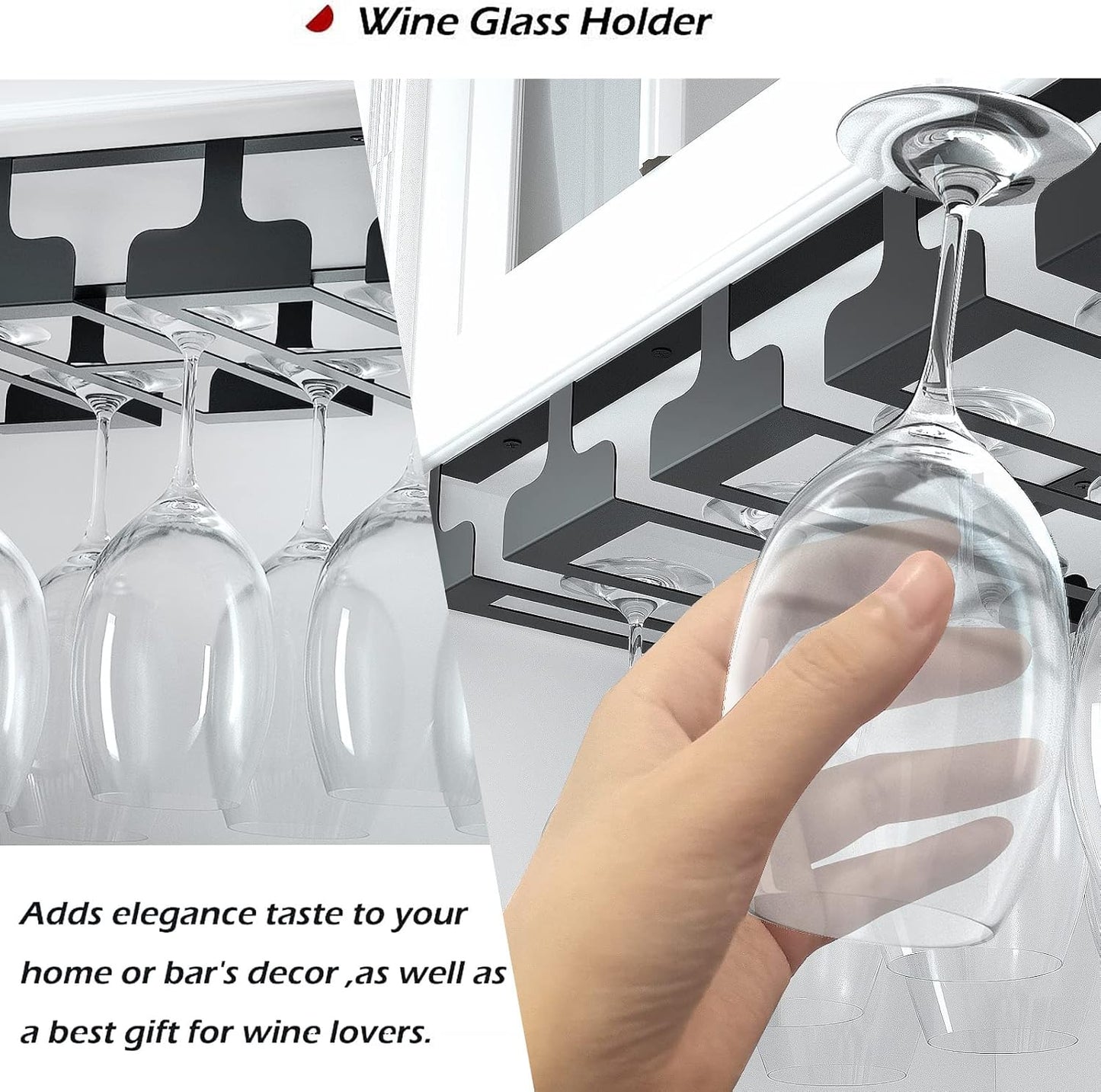 Wine Glass Rack - Under Cabinet Stemware Wine Glass Holder Glasses Storage Hanger Metal Hanging Organizer for Bar Kitchen, Black 4 Rows 2 Packs