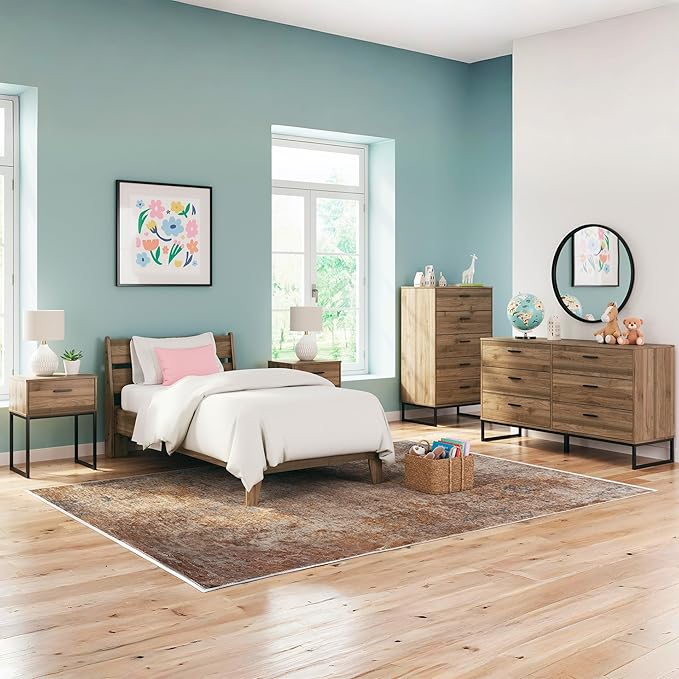 Signature Design by Ashley Deanlow Mid-Century Modern Twin Platform Bed with Metal Slats, Wood, Foundation or Box Spring Not Needed, Honey Brown (Headboard Not Included)