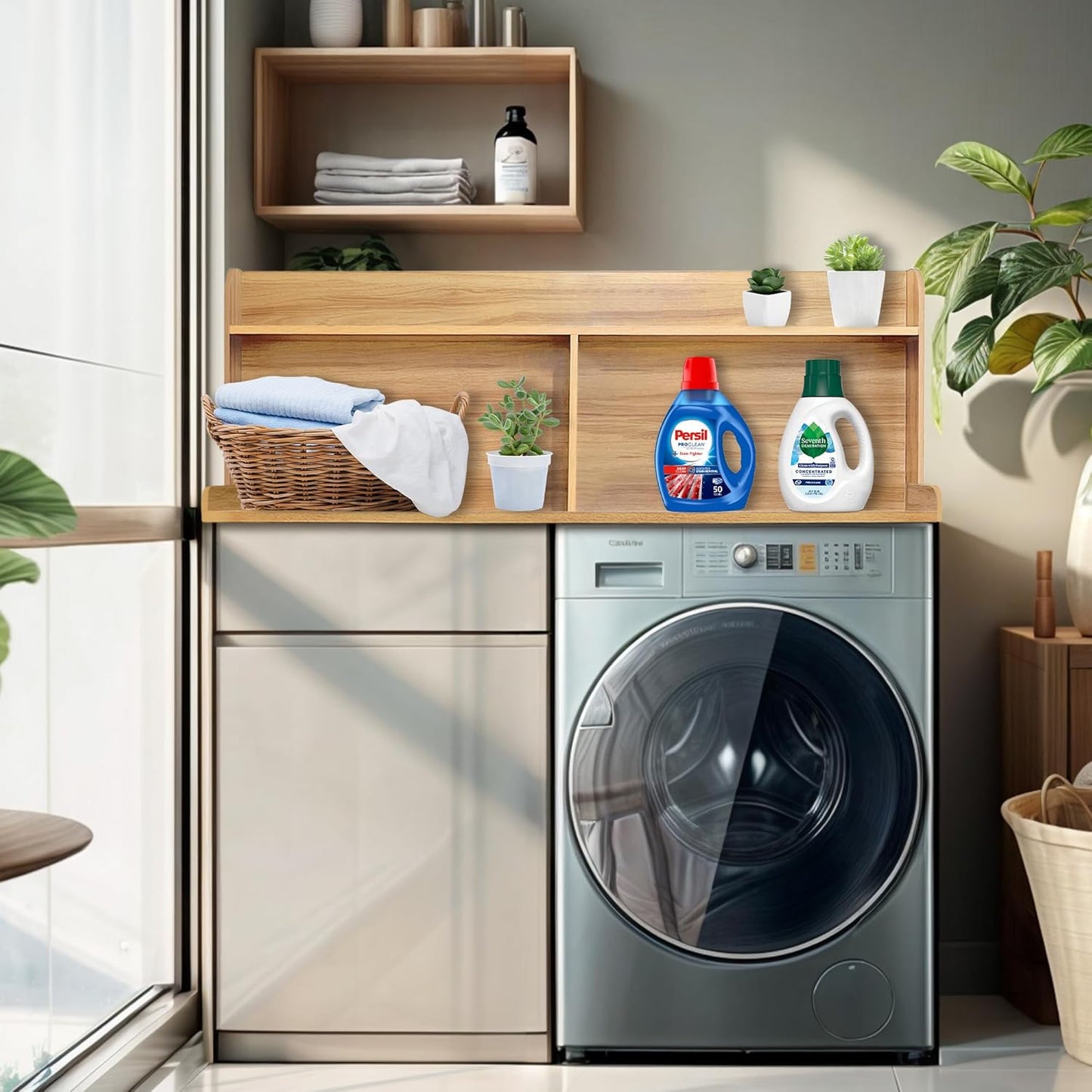 Royxen 2-Tier Washer Dryer Countertop,19.5" H Wood Washer Dryer Topper with Storage Shelf,Laundry Countertop Over Washer and Dryer, Universal Fit for Laundry Room Organization (Oak, 54" W X 27.5" D)