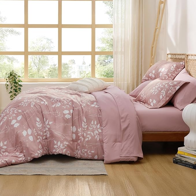Bedsure Rose Pink King Comforter Set - 7 Pieces Floral Bedding Sets King Bed in a Bag with Reversible Botanical Flowers Comforter, Sheets, Pillowcases & Shams