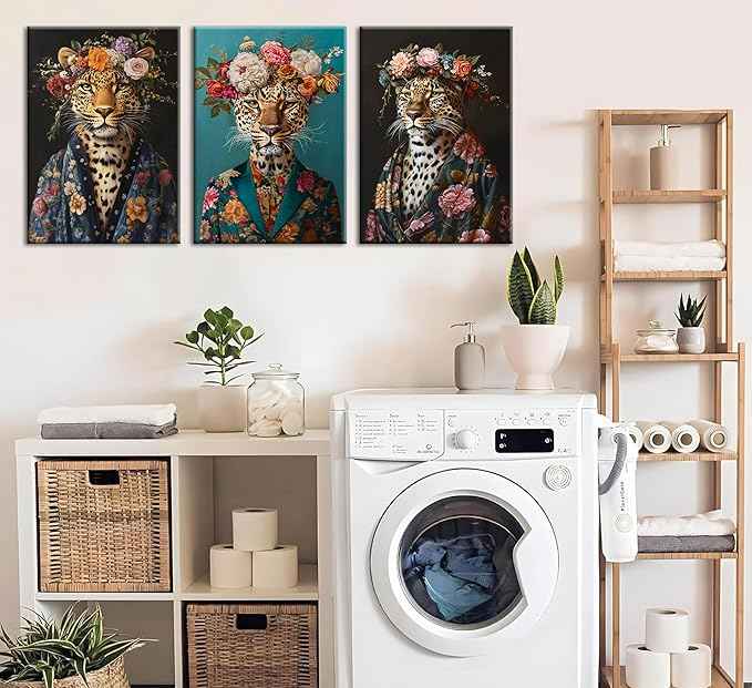 Bathroom Leopard In a Bathrobe Wall Art Maximalist Eclectic Cheetah Posters Pictures Animals And Flowers Canvas Prints Funky Animals Painting Wall Decor y2k Aesthetic Room Decoration Framed