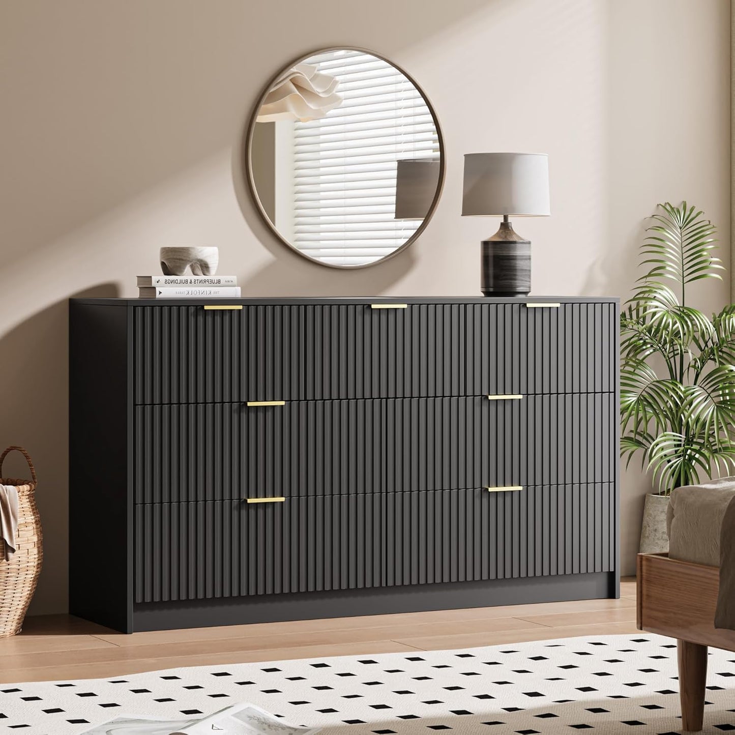 Black 7 Drawer Dresser for Bedroom, Modern Fluted Dresser with Gold Metal Handles, Wide Chest of Drawers for Bedroom, Living Room, Entryway, Hallway, 55.9" L x 15.7" D x 31.4" H