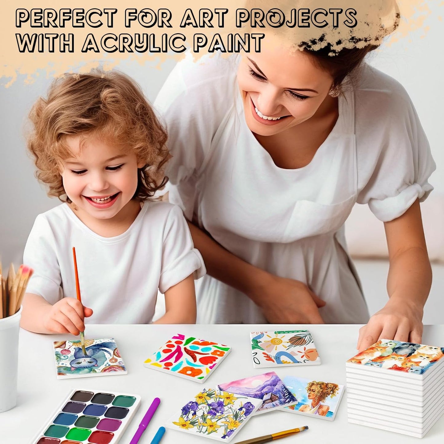 Ceramic Tiles for Crafts, GOH DODD 24 Pack Unglazed Blank Coasters with Cork Backing for Halloween Christmas Alcohol Ink Painting Acrylic Pouring Art Projects Gifts Wedding, Square, 4 Inch, White