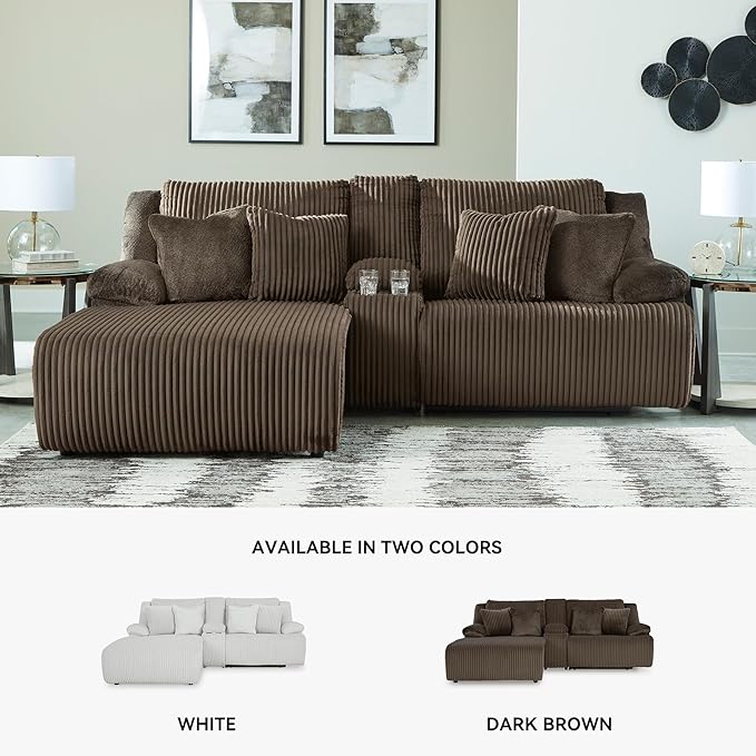 Signature Design by Ashley Top Tier Contemporary L-Shaped Left-Arm Facing 3-Piece Reclining Sectional Sofa with Chaise, Console Storage and 4 Accent Pillows, Dark Brown