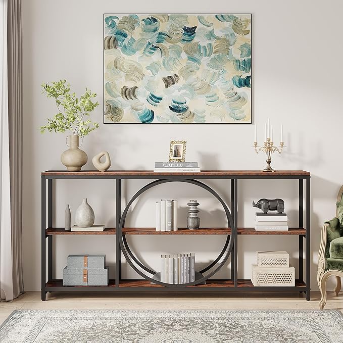 Tribesigns Extra Long Console Table, 70.9 inch Narrow Sofa Tables with 3 Tier Wood Storage Shelves Industrial Metal Frame for Entryway Hallway Living Room Behind Couch, Rustic Brown Black