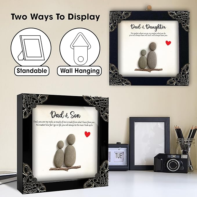 Dads Gifts from Son, 5.5" Pebble Art Frame Dad & Son Plaque, Heart Wooden Keychain, Thank You Card, Best Dad Ever Gift Set, Fathers Day Presents, Valentines Birthday Gift for Daddy S200-55