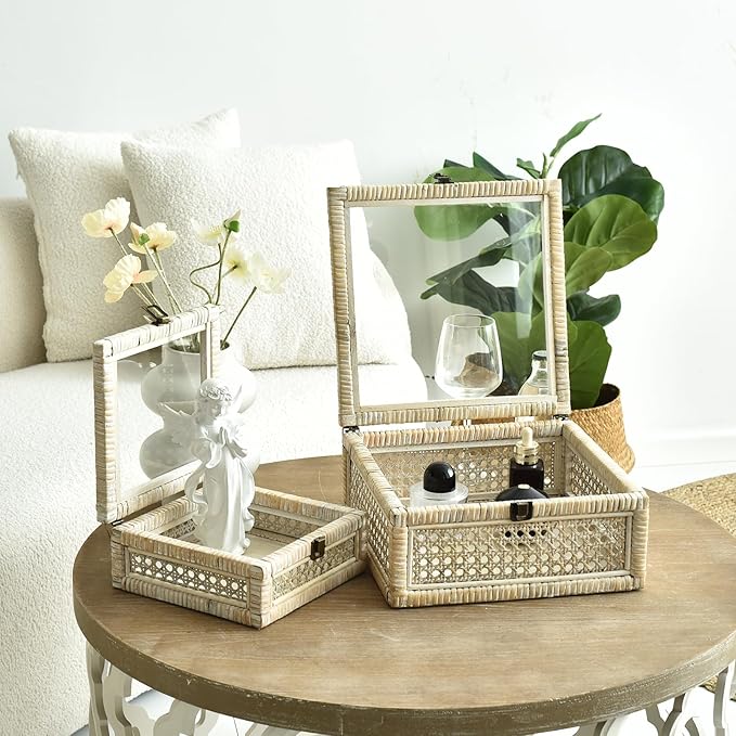 Rattan and Cane Square Stacking Boxes with Glass Top Lid - Set of 2 for Boho, and Rustic Farmhouse Décor, White Wash