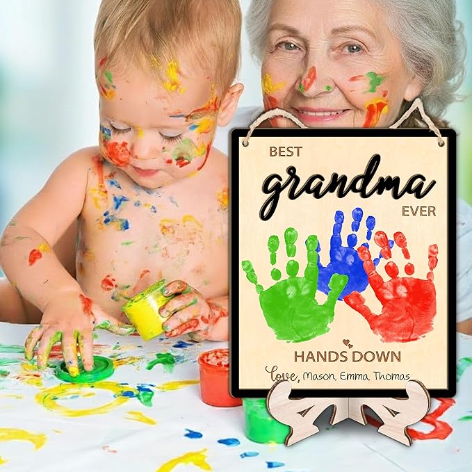 Grandma Handprint Art Sign, DIY Mothers Day Handprint Plaque and Keychain Set, Family Handprints Sign, Birthday Mother's Day Gifts for Grandmother, Keepsake Memory, Best Grandma Ever Hands Down