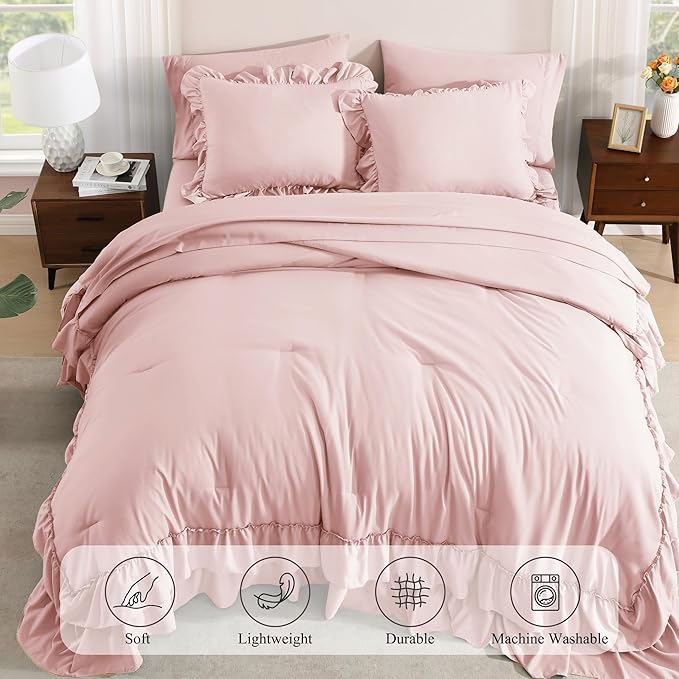 Queen Comforter Set Soft Pink, Ruffle Shabby Chic Bedding Set Farmhouse 7 Pieces, All Season Fluffy Bed in a Bag with Sheets, Pillowcases & Shams