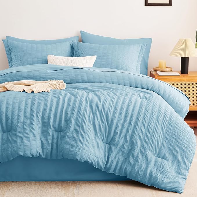 CozyLux King Size Comforter Set Sky Blue Seersucker 7 Pieces Bed in a Bag King Comforter Set with Sheets, Luxury Bedding Set with Down Alternative Comforter, Sheets, Pillowcases & Shams All Seasons