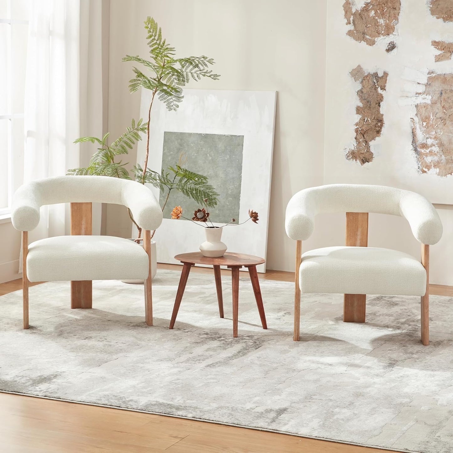 VKNOW Accent Chair Living Room Chair, Modern Upholstered Armchair with Solid Wood Legs, Comfy Barrel Arm Chairs for Living Room Bedroom, Cream