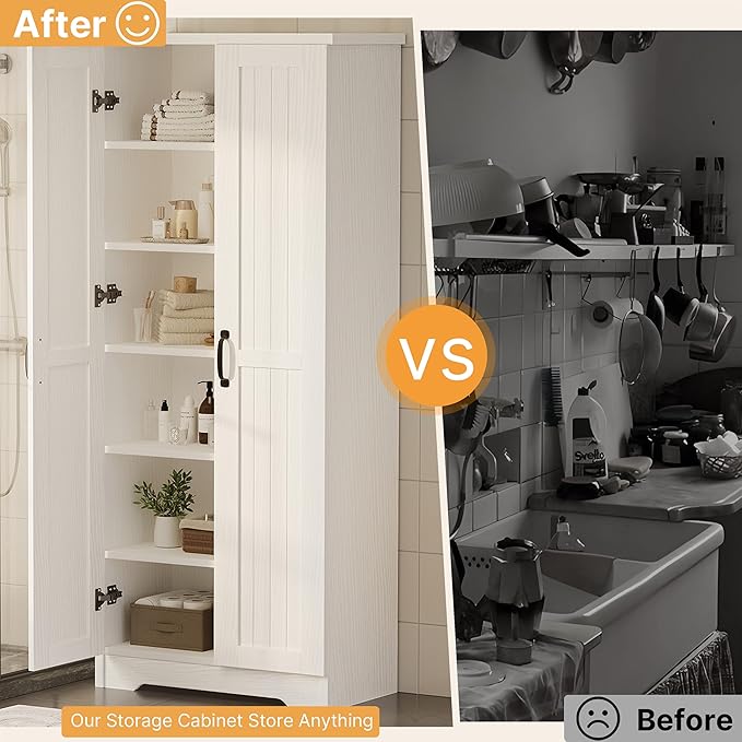 70" Tall Storage Cabinet, Large Wood Storage Pantry Cabinet with 6 Adjustable Shelves & 2 Doors, Standing Utility Storage Cabinets for Kitchen, Bathroom, Dining Room (Soft White)