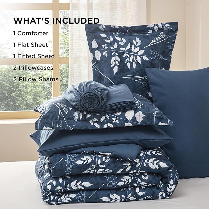 Bedsure Full Size Comforter Set - 7 Pieces Floral Navy Soft Bedding Sets, Full Bed in a Bag with Botanical Flowers Comforter, Sheets, Pillowcases & Shams