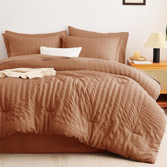 CozyLux Full Size Comforter Sets with Sheets Seersucker 7 Pieces Pumpkin Bed in a Bag Textured Luxury Soft Bedding Set with Down Alternative Comforter, Sheets, Pillowcases & Shams for All Seasons